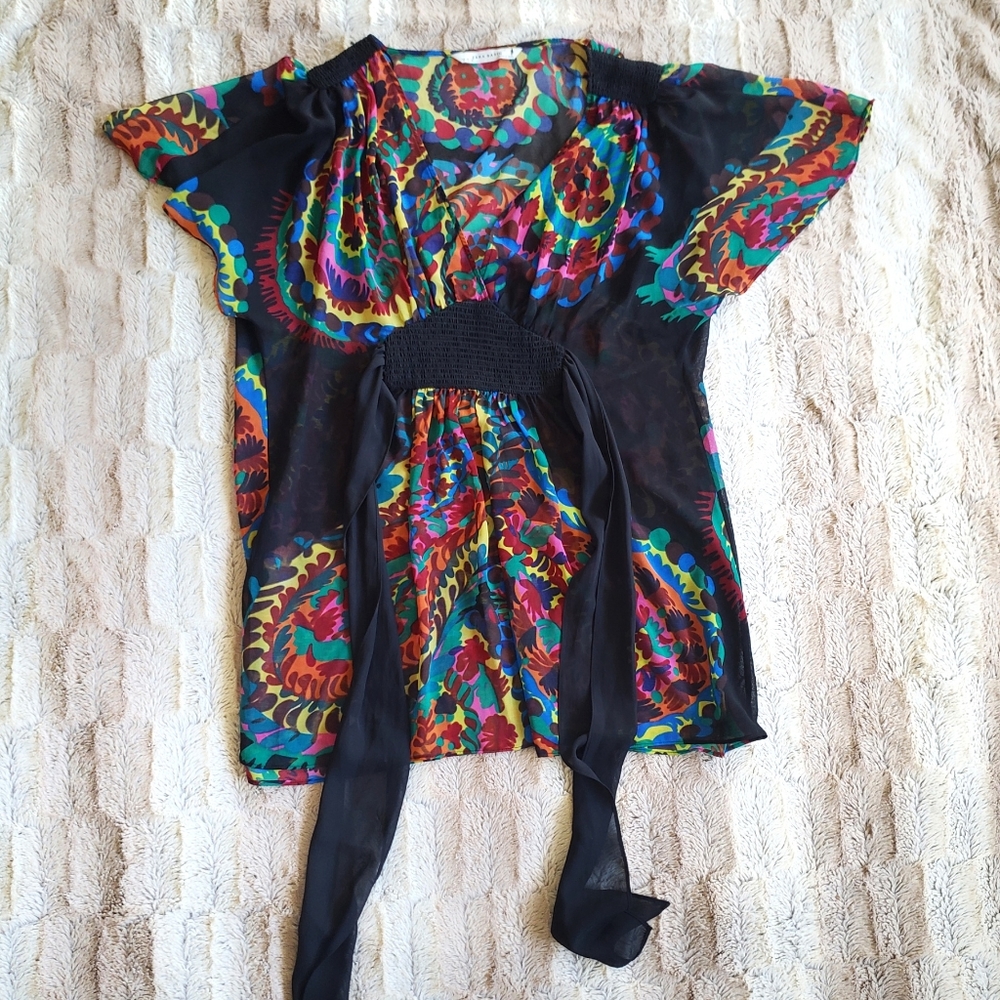 ZARA RED PINK BLACK  YELLOW  MULTICOLOR FLORAL PATTERNED KIMONO BLOUSE..SIZE S‎ - Picture 3 of 6